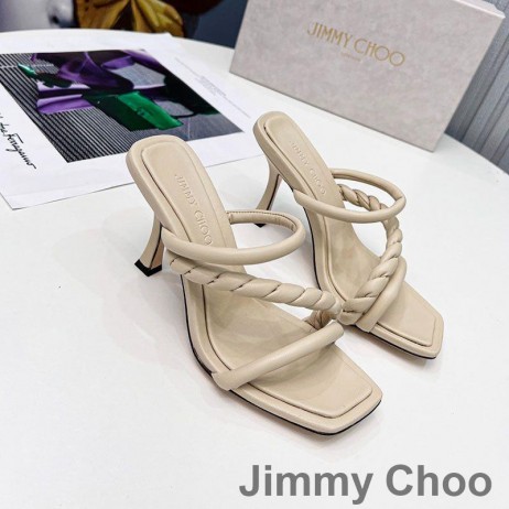 Jimmy Choo Diosa 85 De Tacón De Diapositivas De Las Mujeres De Cuero Con Correa Trenzada De Albaricoque