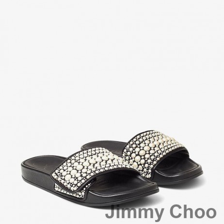 Jimmy Choo Fitz F Platform Slides Women Canvas And Leather With Pearls Black