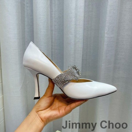 Jimmy Choo Kari 85 Bombas De Las Mujeres De Cuero De Napa Con Cristal Correa Blanco