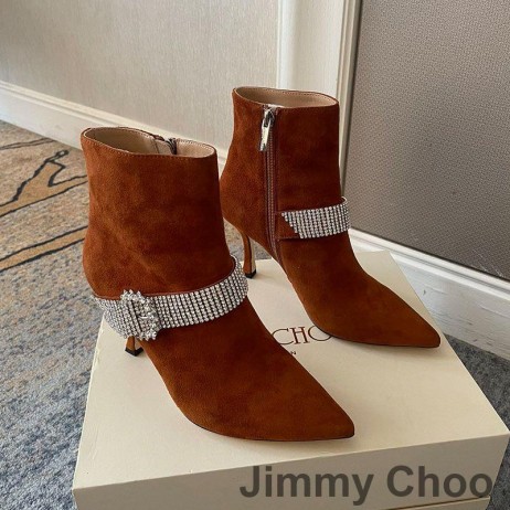 Jimmy Choo Kaza 85 Tobillo Botines De Las Mujeres Gamuza Con Cristal Correa Marrón