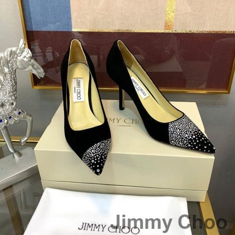 Jimmy Choo Amor 85 Bombas De Las Mujeres Gamuza Con Asimétricas Espolvoreado Cristales Negros