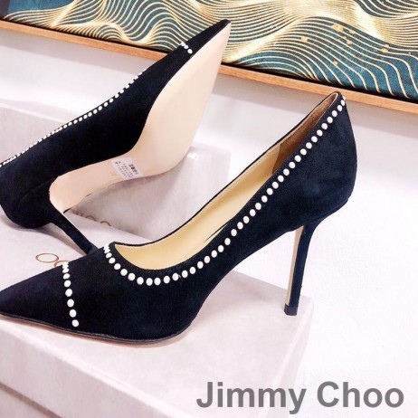 Jimmy Choo Amor 85 Bombas De Las Mujeres Gamuza Con Perlas Negro