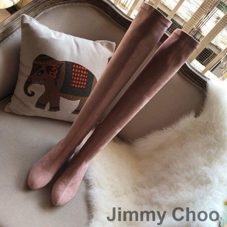 Jimmy Choo Maine Rodilla Botas De Las Mujeres Gamuza Con Cristal Adornado Talón De Color Rosa