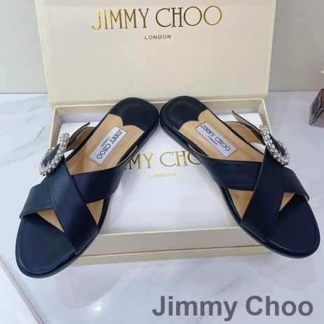 Jimmy Choo Marle Diapositivas De Las Mujeres De Cuero De Oveja Con Cristales De Hebilla Negro