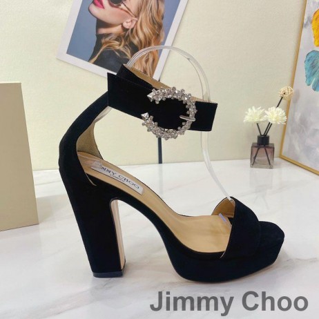 Jimmy Choo Mionne 115 Sandalias De Plataforma De Mujeres Ante Con Hebilla Cristal Negro