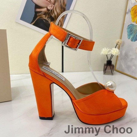 Jimmy Choo Socorie 115 De La Plataforma Sandalias De Las Mujeres Del Satén Con Perlas Detallando Naranja