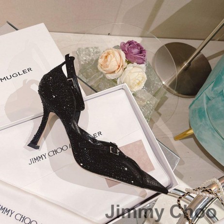 Jimmy Choo x Mugler Correa de 90 Bombas de las Mujeres de Cuero de Oveja Con Cristal Negro