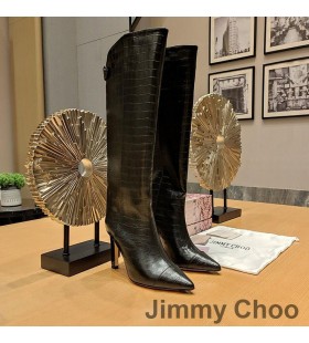 Jimmy Choo Alizze 90 Rodilla Botines De Las Mujeres De Cocodrilo En Relieve De Cuero Negro