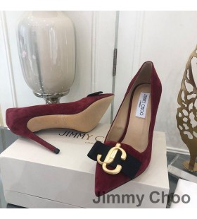 Jimmy Choo Ari 100 Bombas de las Mujeres Gamuza Con JC Y el Logotipo de Grosgrain Arco de Borgoña