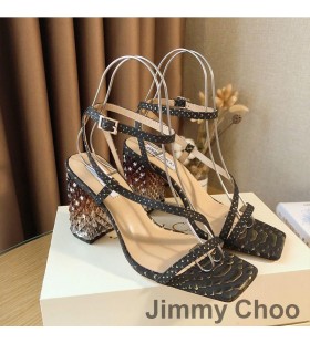 Jimmy Choo Arte 85 Sandalias De Las Mujeres De La Serpiente De Cuero Con Plexi Talón Negro