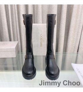 Jimmy Choo Motorista II de la Rodilla Botas de Mujer de Cuero Liso Con Hebillas de Oro Negro