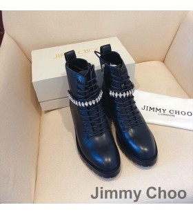 Jimmy Choo Cruz Botas De Combate De Las Mujeres De Cuero Con Cristal Detallando Negro