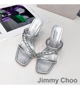 Jimmy Choo Diosa 85 De Tacón De Diapositivas De Las Mujeres De Cuero Con Correa Trenzada De Plata