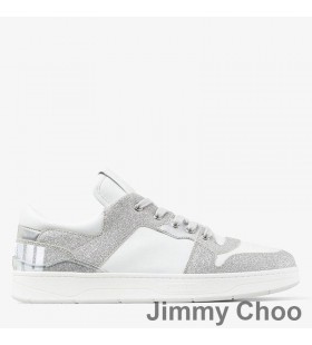 Jimmy Choo Florent M Zapatillas de deporte de las Mujeres Giltter y Cuero Con Choo Letras en Blanco/Plata