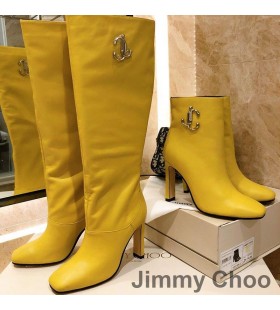 Jimmy Choo Mahesa 100 Rodilla Botines de las Mujeres de Cuero de Becerro Con JC Emblema Amarillo