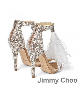 Jimmy Choo Viola 100 Sandalias Mujeres Suede Con Cristal Adornado Y Plumas De Avestruz Desnudo