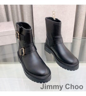 Jimmy Choo de la Juventud II Motorista Botas de Mujer de Cuero Liso Con Hebillas de Oro Negro