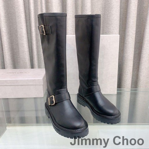 جيمي تشو راكب الدراجة النارية الثانية في الركبة أحذية للنساء من الجلد على نحو سلس مع الذهب الأبازيم الأسود