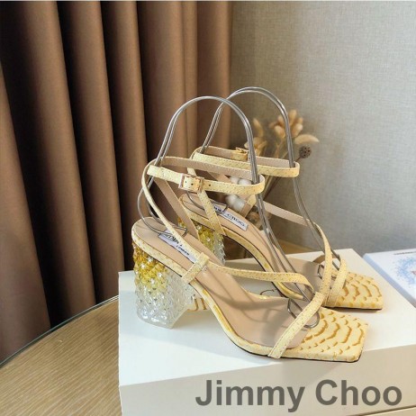 Jimmy Choo Umění 85 Sandály Ženy Hadí Kůže S Plexi Pata Žlutá