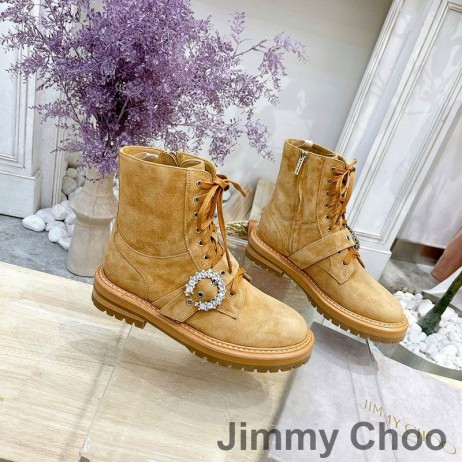 Jimmy Choo Cora S Plochou Bojové Boty Dámské Semišové S Crystal Sponou Camel