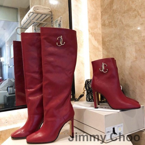 Jimmy Choo Mahesa 100 Koleno Botičky Ženy Telecí Kůže S JC Znak Červené