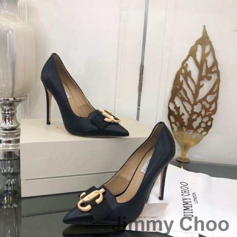 Jimmy Choo Ari 100 Pumper Kvinder Læder Med JC Logo Og Grosgrain Bue Sort