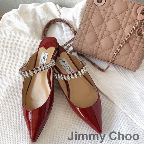 Jimmy Choo Bing Fladskærms Muldyr Kvinder Patent Læder Med Krystal Rød Rem