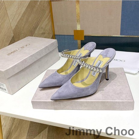 Jimmy Choo Bing Muldyr Kvinder Ruskind Med Krystaller Og Perlemor Rem Grå