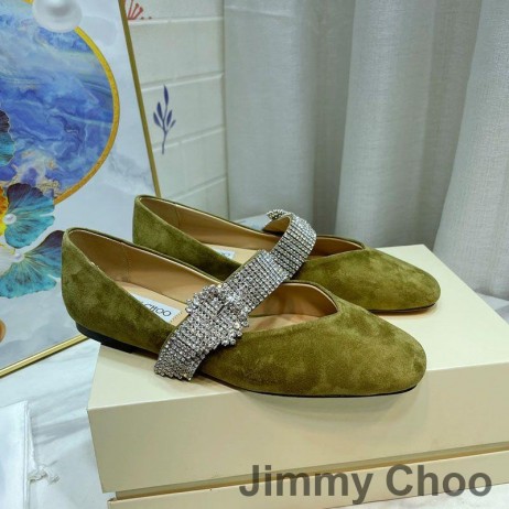 Jimmy Choo Krista Lejligheder Kvinder Ruskind Med Krystal Rem Grøn