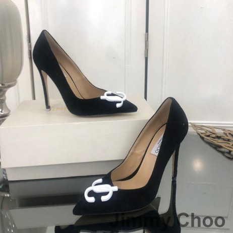 Jimmy Choo Kærlighed 100 Pumper Kvinder Ruskind Med Hvide JC Emblem Sort