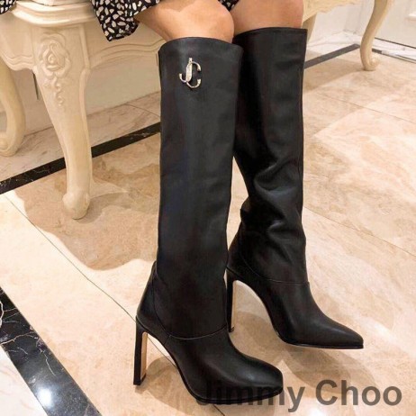 Jimmy Choo Mahesa 100 Knæ Støvletter Kvinder Kalv Læder Med JC Emblem Sort