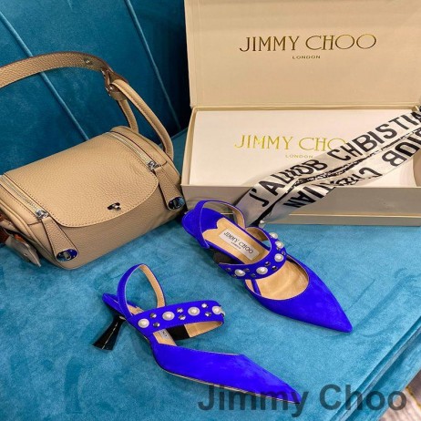 Jimmy Choo Ray 65 Slingback Pumper Kvinder Ruskind Med Perler Blå