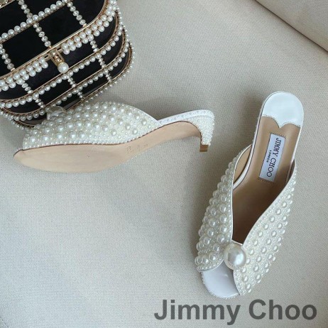 Jimmy Choo Samantha 35 Muldyr Kvinder Læder Med Perler Over Alt I Hvid
