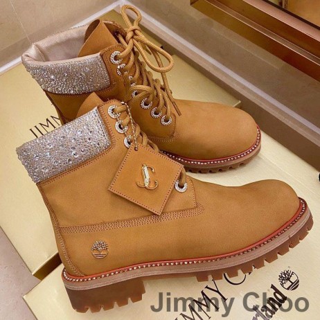 Jimmy Choo Timberland Kvinder Støvler Nubuck Læder Med Krystal Forskønnelse Brun