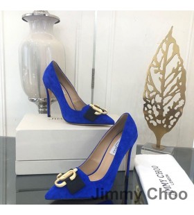 Jimmy Choo Ari 100 Pumps Women Suede With JC Logo And Grosgrain Bow Blue