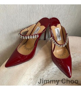 Jimmy Choo Bing 100 Muldyr Kvinder Patent Læder Med Krystal Rød Rem