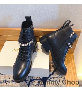 Jimmy Choo Cruz BekÃ¦mpe StÃ¸vler Kvinder LÃ¦der Med Krystal-Detaljer Sort