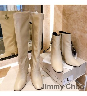 Jimmy Choo Mahesa 100 Knæ Støvletter Kvinder Kalv Læder Med JC Emblem Beige