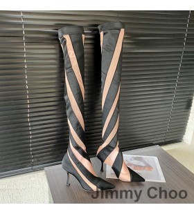 Jimmy Choo x Mugler Over Knæet 105 Sok Støvletter Kvinder Stribet Mesh Sort/Abrikos