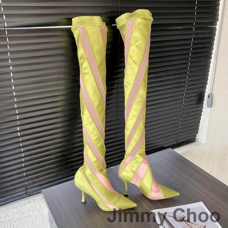 Jimmy Choo x Mugler Over De Knie 105 Sok Booties Vrouwen Gestreepte Mesh Geel