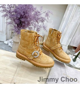 Jimmy Choo Cora Flatscreen Bestrijding Van Laarzen Vrouwen Suede Met Crystal Gesp Kameel