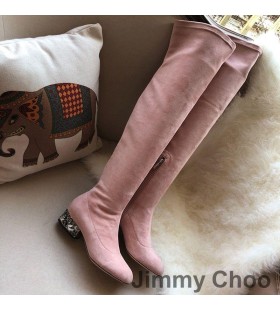 Jimmy Choo Maine Knie Laarzen Vrouwen Suede Met Kristallen Versierd Hak Roze