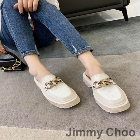 Jimmy Choo Ultra-kevyt Vaahtoava Alustan Muulit Naisten Vasikka Nahkaa Ketjun Valkoinen