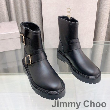 Jimmy Choo Youth II Biker Boots Women Smooth Leather With Gold Buckles Black