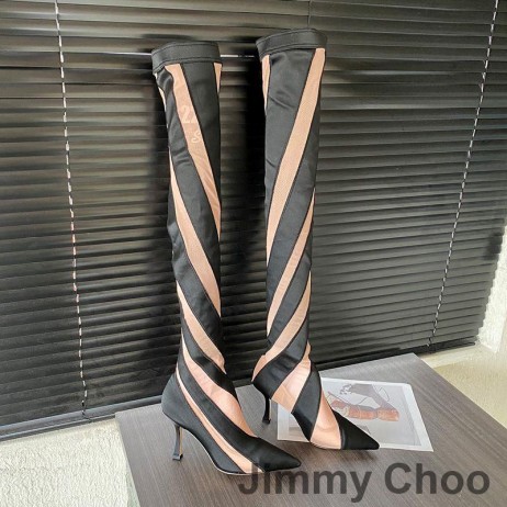Jimmy Choo x Mugler Yli Polven 105 Sukka Tossut Naisten Raidallinen Mesh Musta/Aprikoosi