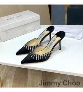 Jimmy Choo Saeda 85 Muulit Naisten Satiini Crystal Kulta Ketju Musta