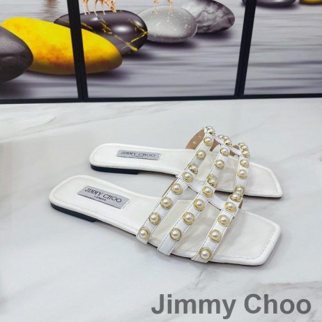 Jimmy Choo Hazal Diapositives Femmes Nappa Avec Goujons De Perles Blanc