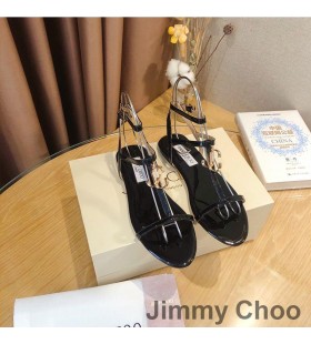 Jimmy Choo Alodie Sandales Plates Femmes Nappa Et Cuir Verni Noir