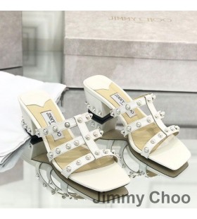 Jimmy Choo Hazal 45 Diapositives À Talons Hauts Des Femmes En Cuir Nappa Avec Goujons De Perles Blanc