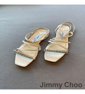 Jimmy Choo Meira Sandales Femme En Cuir Nappa Avec Feuille D'Embellissement En Cristal Blanc